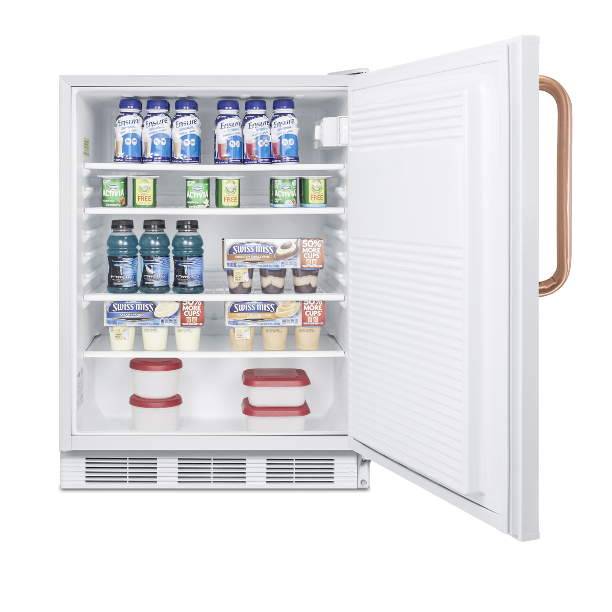 ADA compliant built-in undercounter all-refrigerator for general purpose or commercial use, with pure copper handle, lock, auto defrost operation, and white exterior